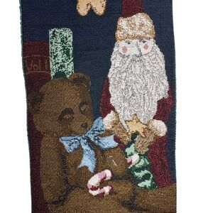 Christmas Vintage Wall Hanging 8" x 39" Santa Snowman Woven Tapestry Banner